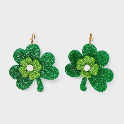 St. Patrick's Day Glitter Clover Drop Earrings - Green