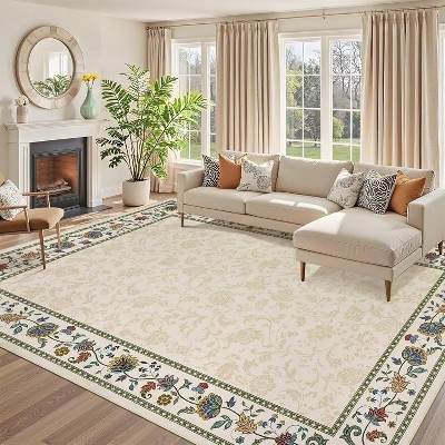 TackView Floral Washable Rug for Living Room Bedroom Vintage Soft Large Floor Carpet for Dining Room Geometric Bordered Floor Cover