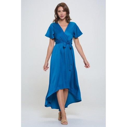 WEST K Women's Satin Woven Georgia Faux-Wrap Dress with High-Low Hem and  Tie Waist - Xlarge - Blue Teal Satin