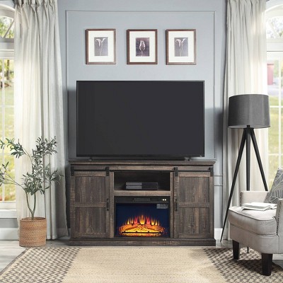 Heavy Brown Wood Fireplace TV Stand with Sliding Doors