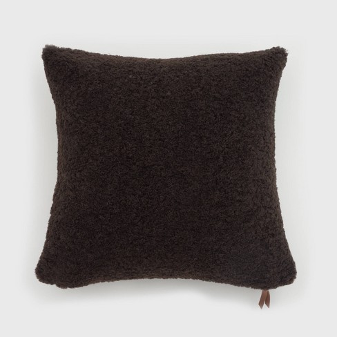 Off White Boucle Brown Faux Leather Throw Pillow Cover