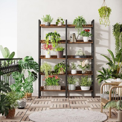 Rustic Brown 5-Tier Wood and Metal Adjustable Bookshelf
