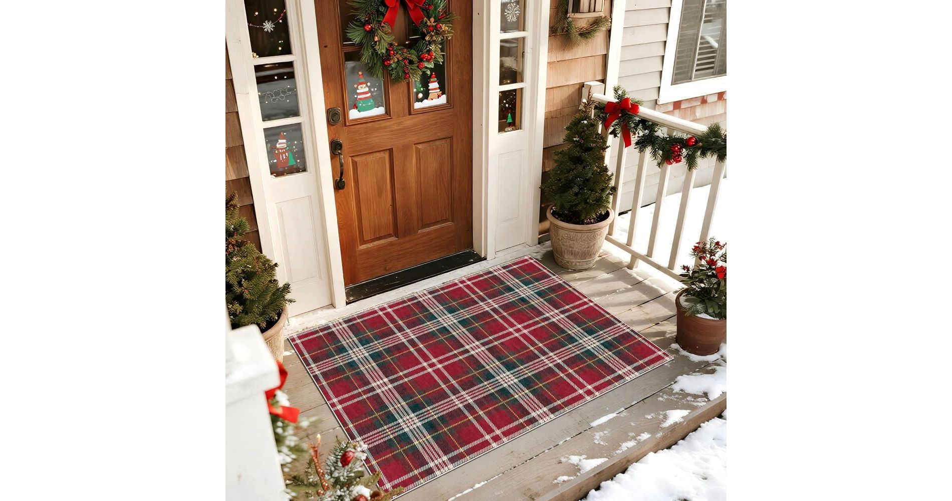 Lomsoe Christmas Plaid Outdoor Flannel Mat Front Door Mat Outside Entrance Non-Slip Washable Holiday Red Green Mat