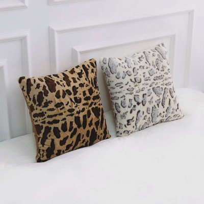Set of 2 Gray Faux Fur Leopard Print Throw Pillows