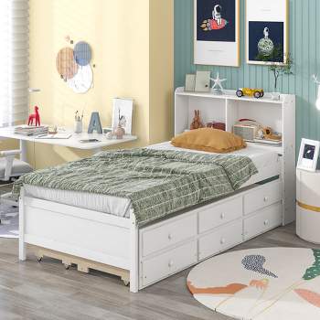 Full/Twin Size Platform Bed with Bookcase Headboard, Twin Size Trundle Bed and Drawers-ModernLuxe