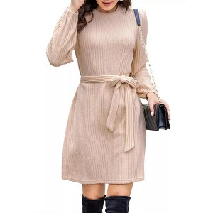 Clearlove Women's Casual Knit Dress Long Sleeve Tie Waist Sweater Dresses - 1 of 4