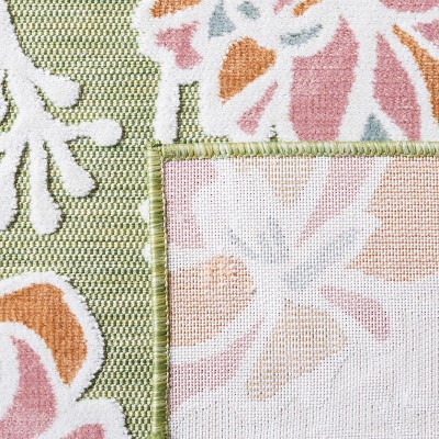 Green and Pink Floral Synthetic Indoor/Outdoor Area Rug