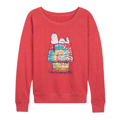 Women's - Peanuts - Snoopy Tie Dye House Lightweight French Terry Wide Neck Long Sleeve Shirt