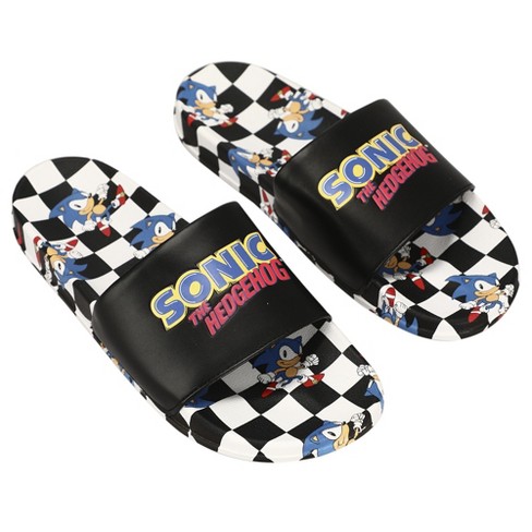 Sonic The Hedgehog Sonic Dash Men s Black And White Checkered Slides Sonic Sandals Small