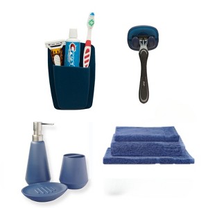 Sttelli 8-Piece Bathroom Essentials Bundle - Soap Dispenser, Soap Dish, Wall Hook, Toothbrush Cup, Wall Organizer, 3-Piece 100% Cotton Towel Set - 1 of 4