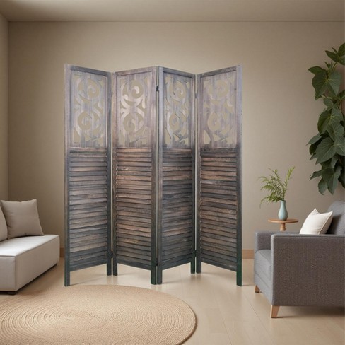 Elegant wooden partition, 6 feet high with carved design, four panels that can be flexibly folded - image 1 of 4