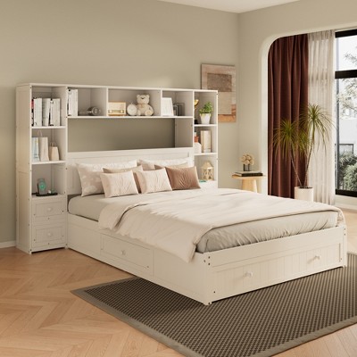 Pine Wood Platform Bed - All-in-One with 2 Nightstands, Storage Shelf, Cabinet & 3 Drawers, 2 Charging Stations, No Box Spring Needed