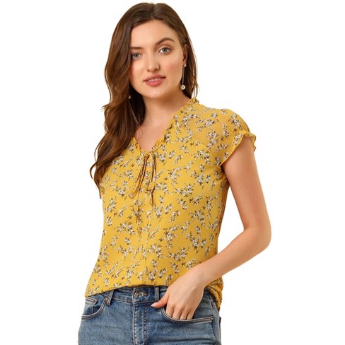 Allegra K Women's Floral Chiffon V Neck Ruffled Short Sleeve Shirts Yellow  Medium : Target