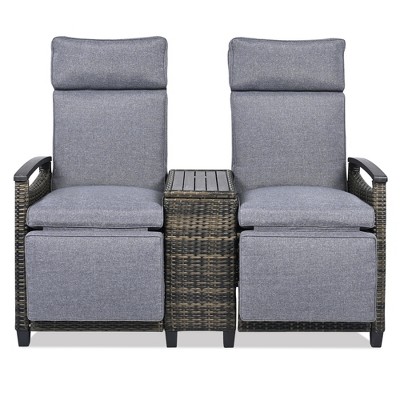 FURNIinspire Patio Chaise Lounges Adjustable Backrest, Outdoor Balcony Porch Lounge with Armrest and Built in Storage Table, Gray, 53.3"*23.6"*46.1"