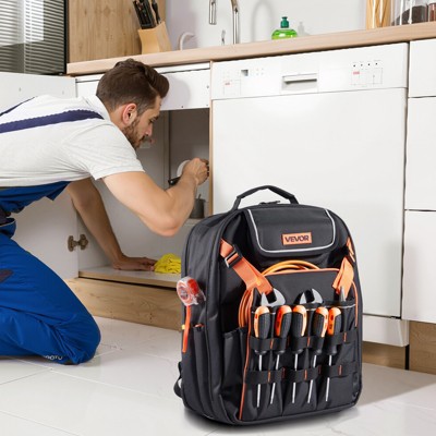 VEVOR Tool Backpack, 45 Pockets, Heavy-duty Tools Storage Organizer Work Bags with Laptop Compartment & Reinforced Fabric Basee, Black+Orange — фото 2