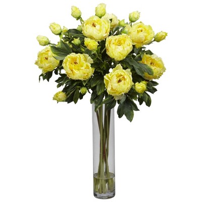 White Silk Peony Arrangement with Glass Vase