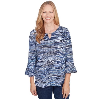 Alfred Dunner Womens Beaded Split Neck Feathers Top