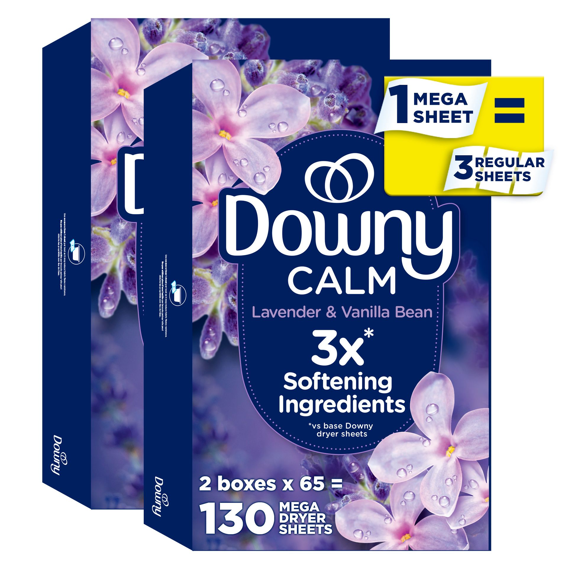 Downy Infusions Calm Dryer Sheets - 130ct: Bleach-Free, Vanilla & Lavender Scent, Fabric Softener Box