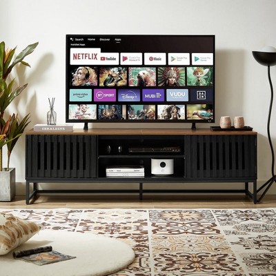 HDZNVF 63 Inch Mid Century Modern TV Stand with Slatted Grille Striped Doors