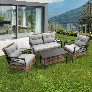 MOONMISS Patio 4 piece sectional low dining conversation sofa set- KD rattan wicker outdoor garden furniture corner sofa set with cushion - 1 of 4