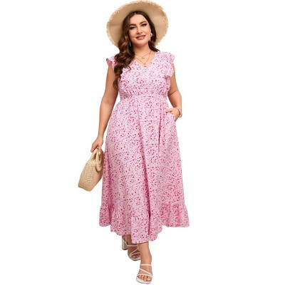 Clearlove Women's Summer Plus Size Dress Ruffle Cap Sleeveless V Neck Side Split Long Beach Maxi Dress