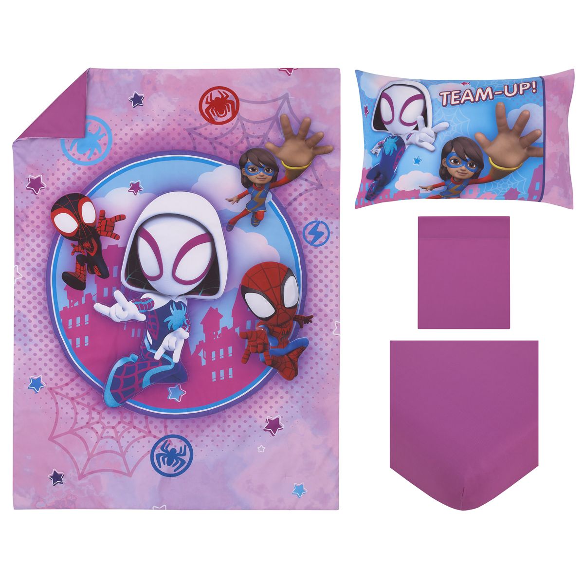 Marvel Ghost Spider, Go Ghosty Purple, Pink, and Blue 4 Piece Toddler Bed Set - thumbnail 8