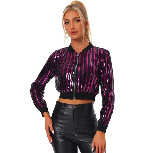 INSPIRE CHIC Women's Glitter Sparkle Long Sleeve Front Zip Party Shiny Crop Bomber Sequin Jackets - 1 of 4