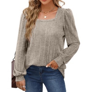 Womens Fall Tops Long Sleeve Soft Ligthweigt Sweater Square Neck Pullovers with Irregular Rib Texture Bishop Sleeve Tee Blouse - 1 of 3