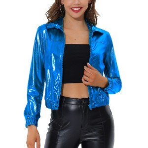 INSPIRE CHIC Women's Holographic Shiny Long Sleeve Metallic Zip Front Track Jacket - 1 of 4