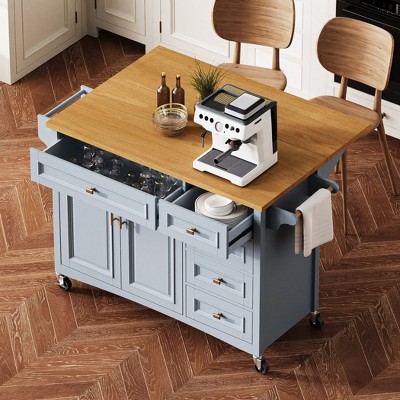 Embossed Texture Kitchen Storage Cart on Wheels, with Drop Leaf, Spice Rack, Towel Rack, Adjustable Shelf, 2 Doors & 5 Drawers, for Kitchen