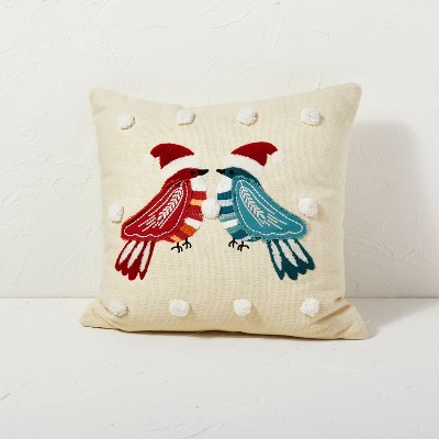 Santa Birds Square Throw Pillow with Pom Poms Cream - Opalhouse™ designed with Jungalow™