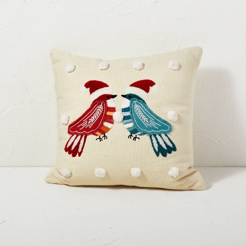 Santa Birds Square Throw Pillow with Pom Poms Cream - Opalhouse™ designed with Jungalow™ - image 1 of 4