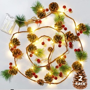 2 Pack Christmas Garland with Red Berry Pine Cone Fairy String Lights, Total 13 FT 40 LED Battery Operated - 1 of 4