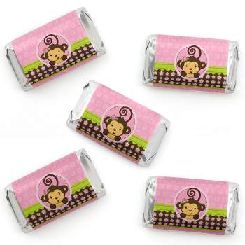 Big Dot of Happiness Pink Monkey Girl - Mini Candy Bar Wrapper Stickers - Baby Shower or Birthday Party Small Favors - 40 Count