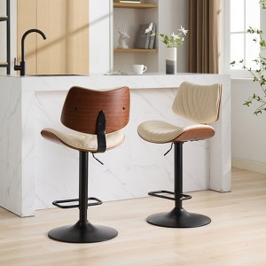 HDZNVF Set of 2 Walnut Bentwood Bar Stools Mid Century Modern Adjustable Counter Height Black Leather Upholstered - 1 of 4