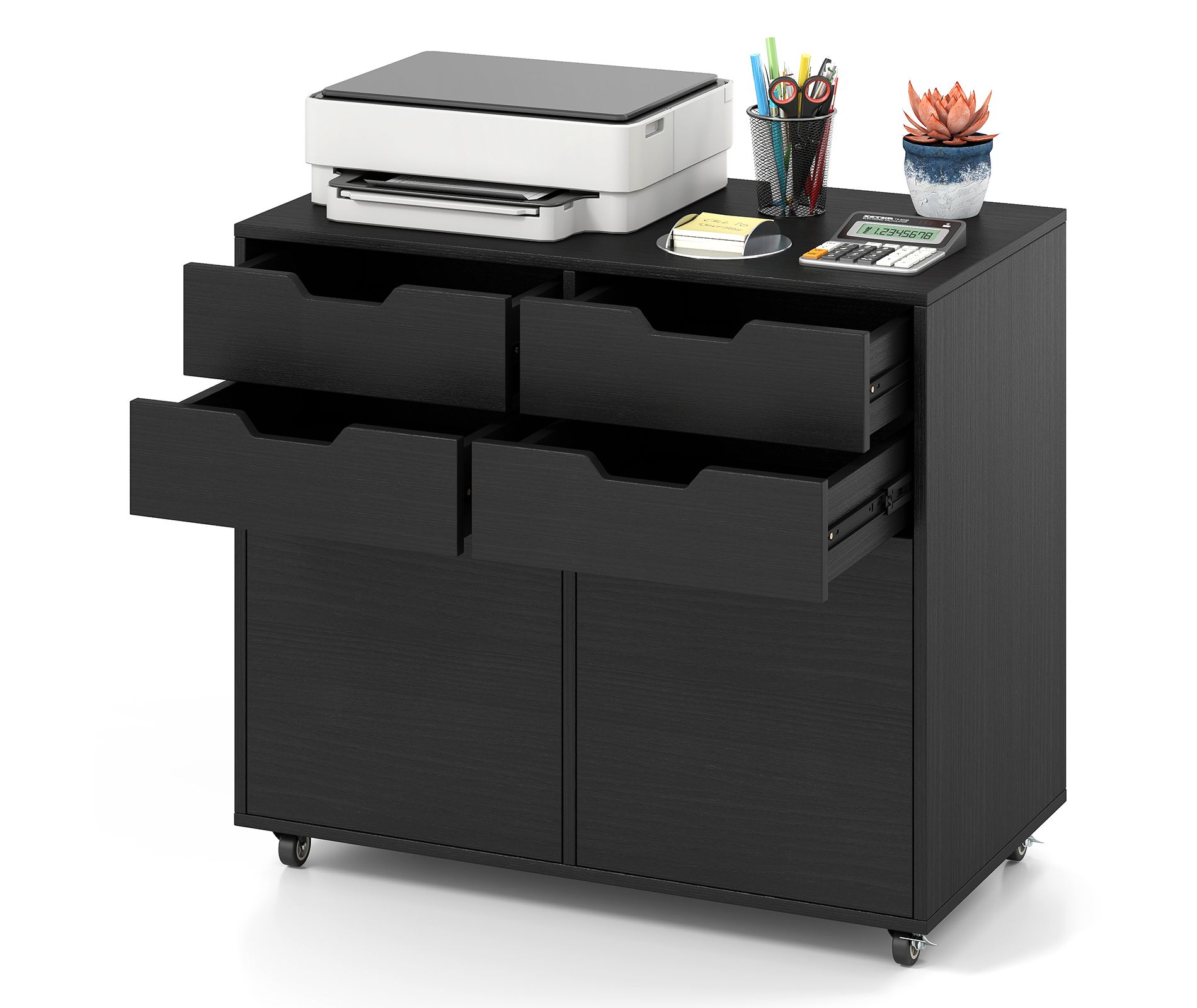 Costway 4 Drawer File Cabinet Rolling Printer Stand with Wheels Wooden Chest of Drawers Black/White