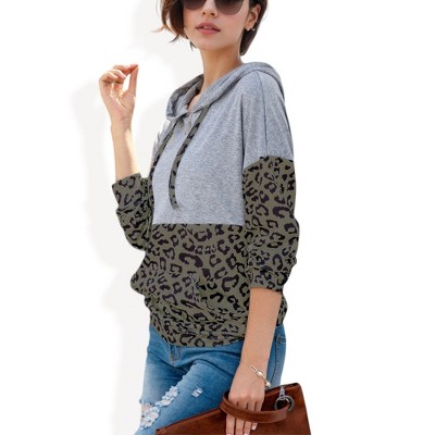 Anna-Kaci Women's Color Block Leopard Print Hoodie with Kangaroo Pocket