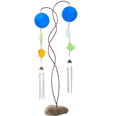 Wind & Weather Metal and Colorful Recycled Glass Double Wind Chime with River Rock Base