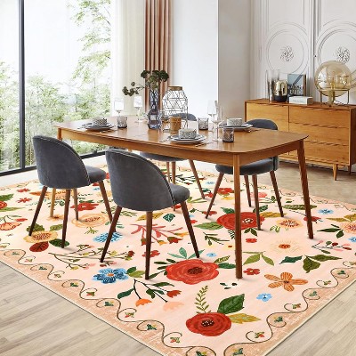 Garvee Floral Area Rug -Machine Washable Large Rugs, Non Slip Vintage Low Pile Soft Carpet, for Bedroom, Dining Room