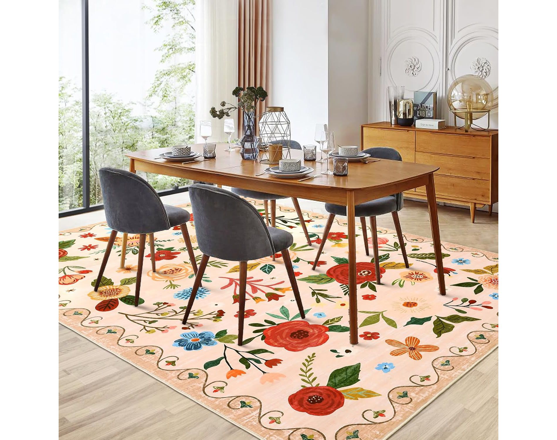 Garvee 9x12FT Floral Area Rug -Machine Washable Large Rugs, Non Slip Vintage Low Pile Soft Carpet, Beige+Browm