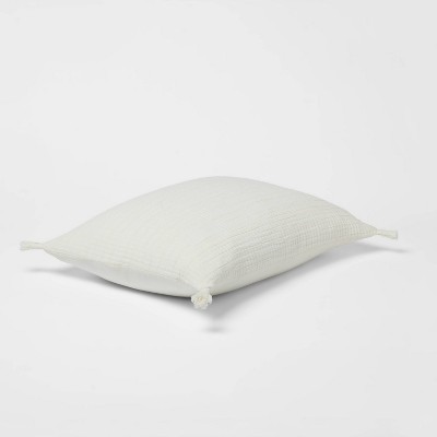 Cream Cotton-Blend Double Cloth Quilt Sham with Tasseled Corners