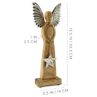 Handcrafted Mango Wood and Metal Angel Statue with Star