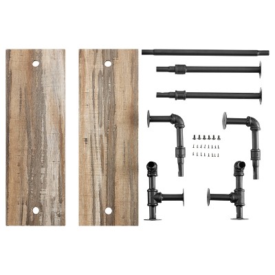 Rustic Brown 28" Iron & Wood Dual Shelf Wall Unit with Towel Rod