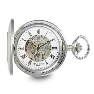 Black Bow Jewelry Charles Hubert Stainless Case w/Floral Shield Skeleton Pocket Watch - 1 of 4