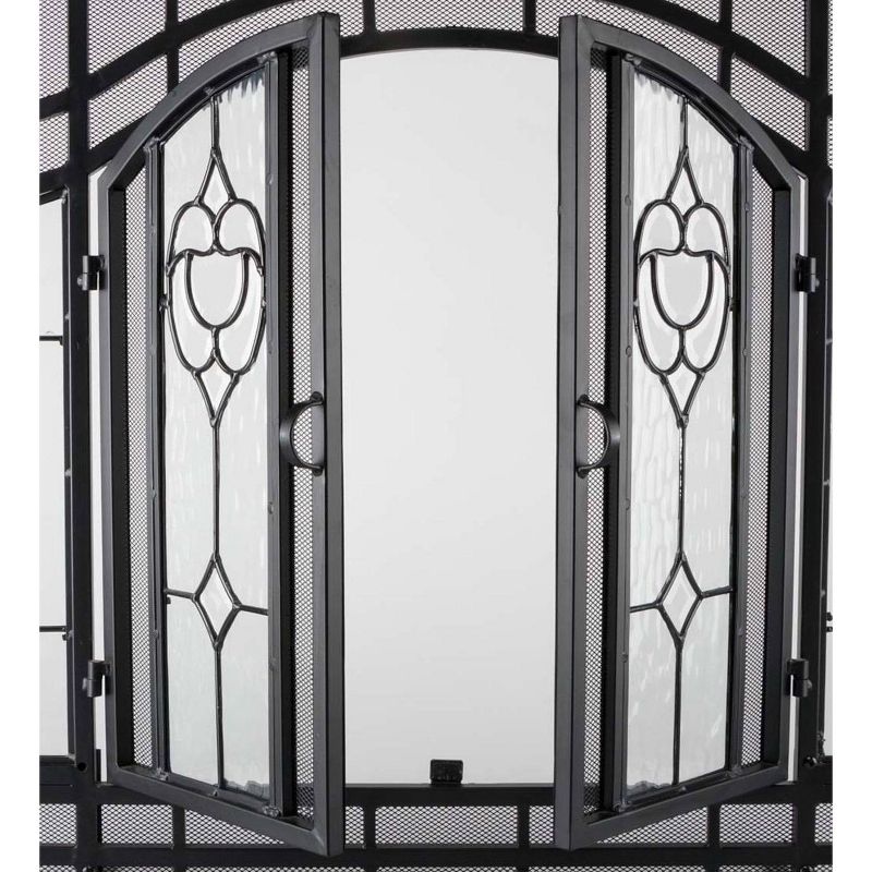 Plow & Hearth - 2-Door Floral Fireplace Fire Screen with Beveled Glass Panels, Black, 4 of 7