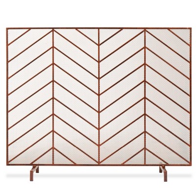 Single Panel Handcrafted Iron Chevron Fireplace Screen w/ Distressed Finish