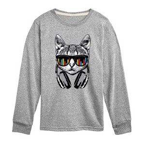 Boys' - Instant Message - Headphones Cat, Equalizer Glasses Long Sleeve Graphic T-Shirt - 1 of 4