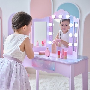 Teamson Kids Stardust Gisele Wood Vanity Table with LED Lights, Storage Drawer, Mirror & Stool, Purple - 1 of 4
