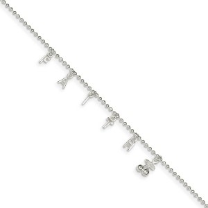 Black Bow Jewelry Sterling Silver 1.5mm Beaded FAITH Charm Anklet, 10-11 Inch - 1 of 4