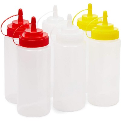 Juvale 6 Pack Plastic Condiment Squeeze Bottles for Restaurants, Lids in 3 Colors (16 oz)